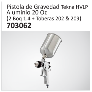 Pistola de Gravedad Tekna HVLPAluminio 20 Oz(2 Boq 1.4 + Toberas 202 & 209)703062