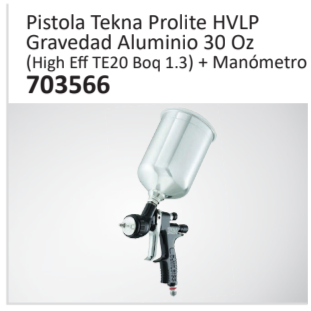 Pistola Tekna Prolite HVLPGravedad Aluminio 30 Oz(High Eff TE20 Boq 1.3) + Manómetro 703566