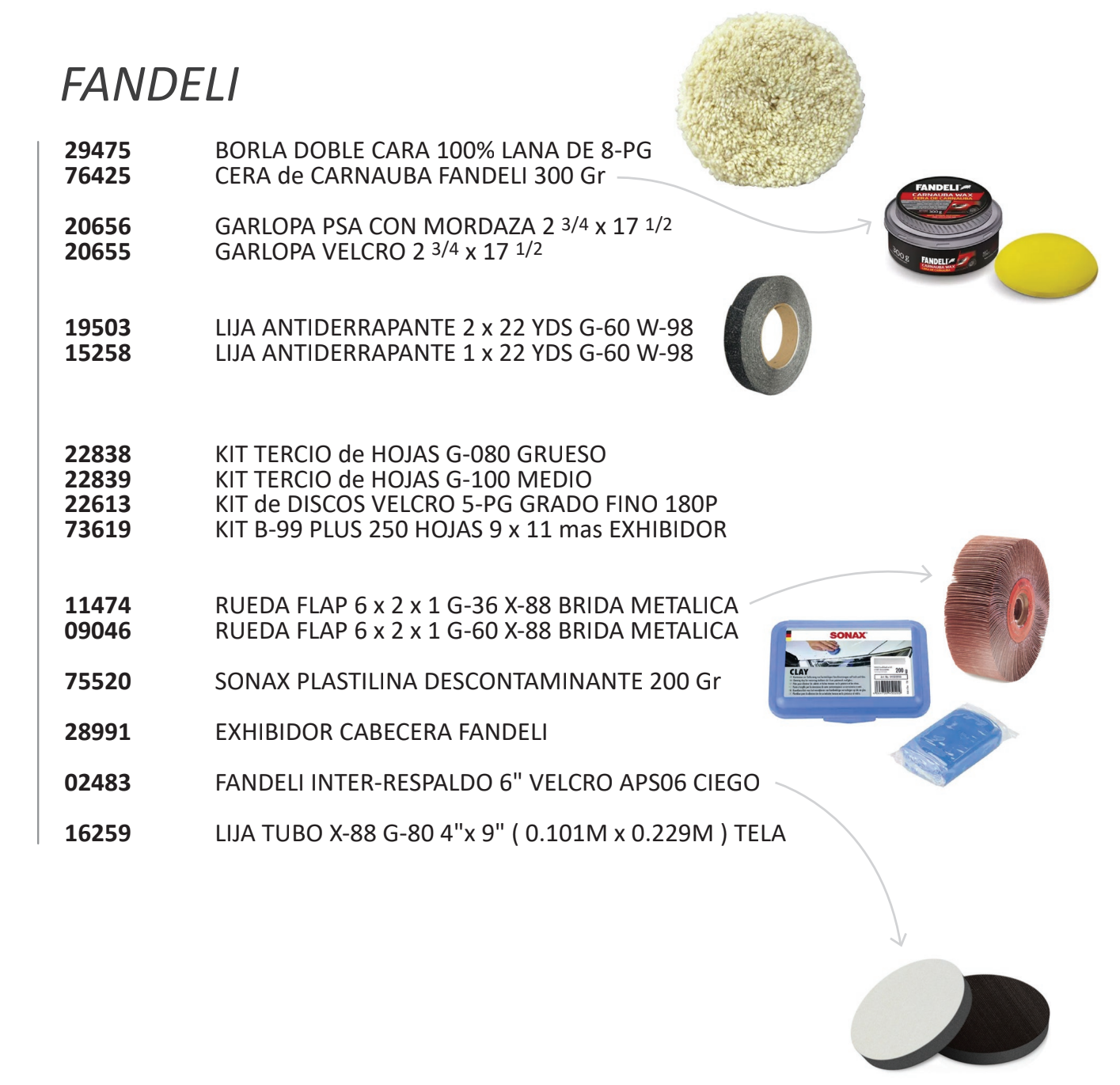 zzz BORLA DOBLE CARA  GARLOPA PSA CON MORDAZA LIJA ANTIDERRAPANTE KIT TERCIO RUEDA FLAP SONAX PLASTILINA DESCONTAMINANTE EXHIBIDOR CABECERA FANDELI IN