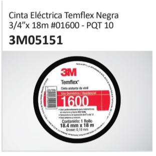 Cinta Eléctrica Temflex Negra #01600 - PQT 10 3M05151