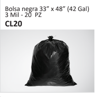 Bolsa negra 33” x 48” (42 Gal)3 Mil - 20 PZ CL20